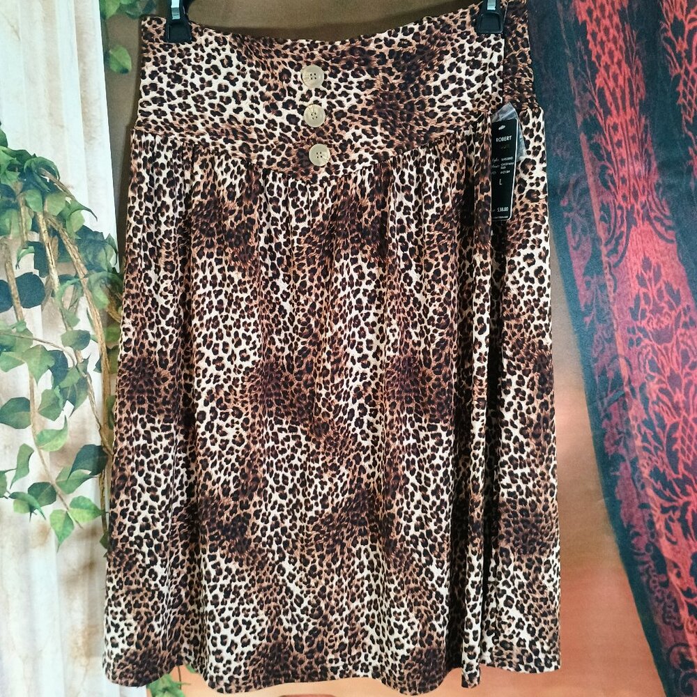 NWT Robert Louis Sz L Brown Leopard Print Midi Skirt Button High Waist
